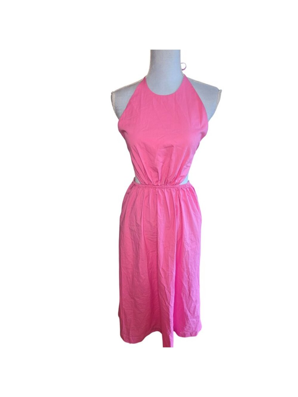 Staud Open Back Halter Dress Pink Cotton Blend Adjustable Ties